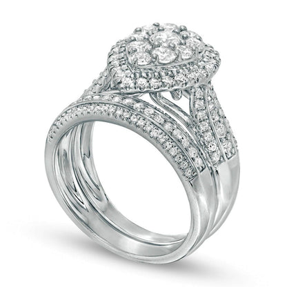 1.5 CT. T.W. Composite Natural Diamond Pear-Shaped Frame Multi-Row Bridal Engagement Ring Set in Solid 10K White Gold