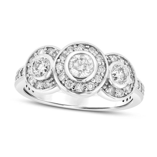 1.0 CT. T.W. Natural Diamond Frame Three Stone Engagement Ring in Solid 14K White Gold