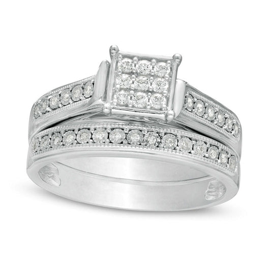 0.20 CT. T.W. Composite Natural Diamond Square Frame Antique Vintage-Style Bridal Engagement Ring Set in Sterling Silver