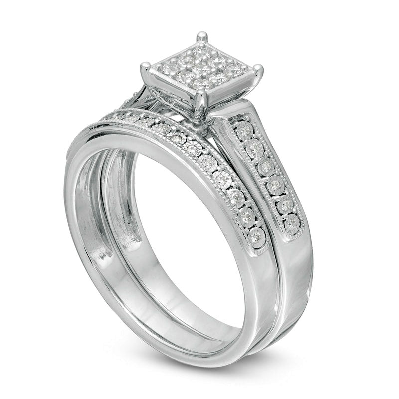 0.20 CT. T.W. Composite Natural Diamond Square Frame Antique Vintage-Style Bridal Engagement Ring Set in Sterling Silver