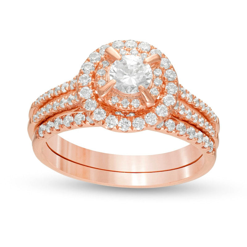 1.0 CT. T.W. Natural Diamond Double Frame Bridal Engagement Ring Set in Solid 10K Rose Gold