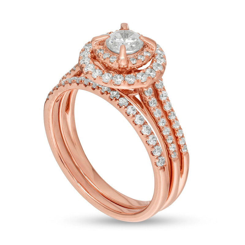 1.0 CT. T.W. Natural Diamond Double Frame Bridal Engagement Ring Set in Solid 10K Rose Gold