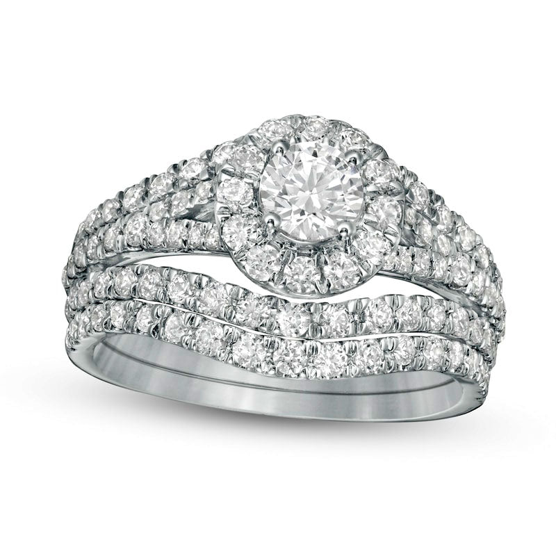 1.5 CT. T.W. Natural Diamond Frame Multi-Row Bridal Engagement Ring Set in Solid 10K White Gold