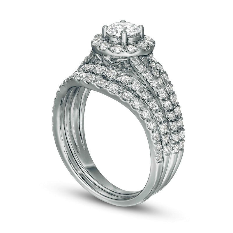 1.5 CT. T.W. Natural Diamond Frame Multi-Row Bridal Engagement Ring Set in Solid 10K White Gold