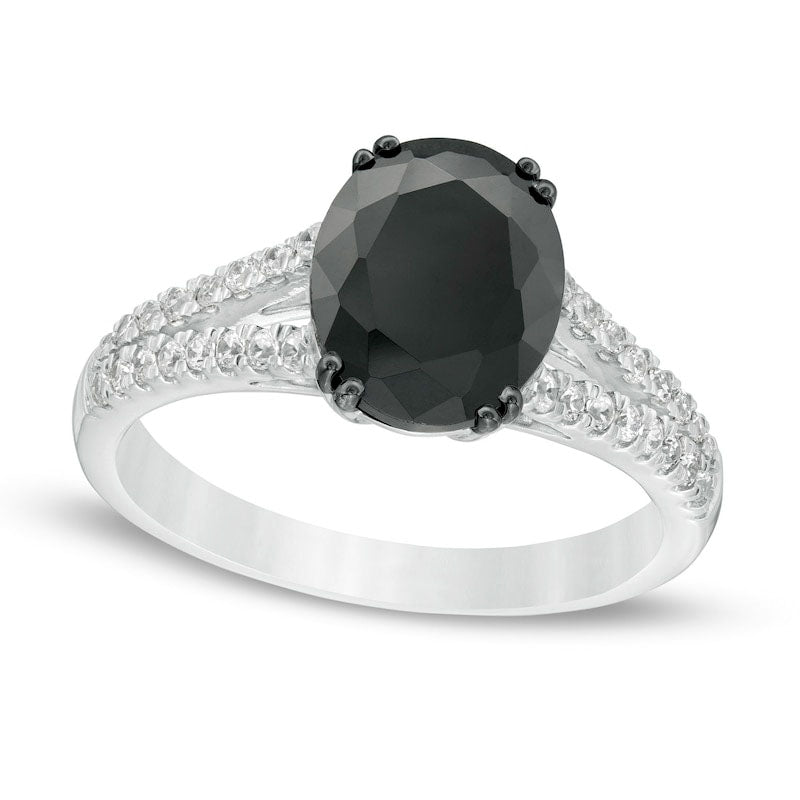3.38 CT. T.W. Enhanced Black and White Oval Natural Diamond Split Shank Engagement Ring in Solid 10K White Gold