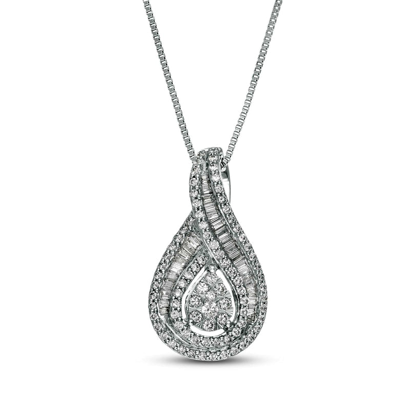 0.75 CT. T.W. Baguette and Round Natural Diamond Teardrop Frame Pendant in 10K White Gold