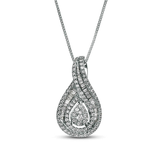 0.75 CT. T.W. Baguette and Round Natural Diamond Teardrop Frame Pendant in 10K White Gold