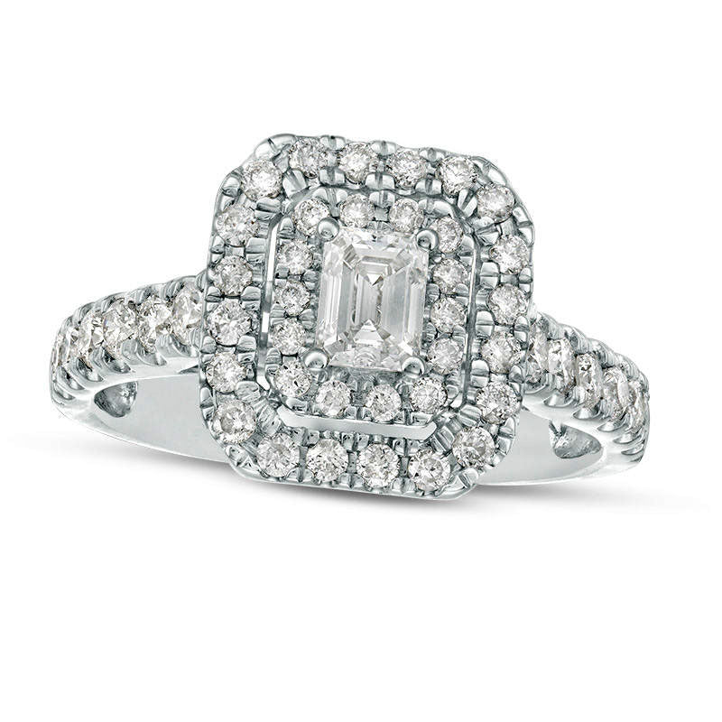 1.0 CT. T.W. Emerald-Cut Natural Diamond Double Frame Engagement Ring in Solid 14K White Gold