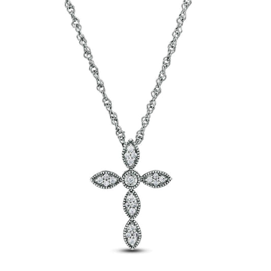 0.1 CT. T.W. Natural Diamond Antique Vintage-Style Marquise Cross Pendant in Sterling Silver