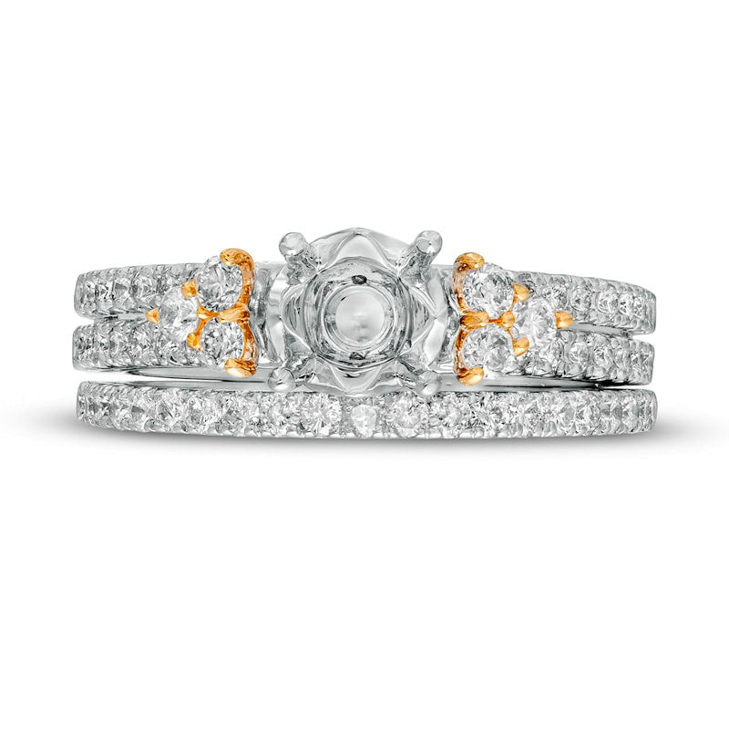 1.0 CT. T.W. Natural Diamond Tri-Sides Semi-Mount Bridal Engagement Ring Set in Solid 14K Two-Tone Gold