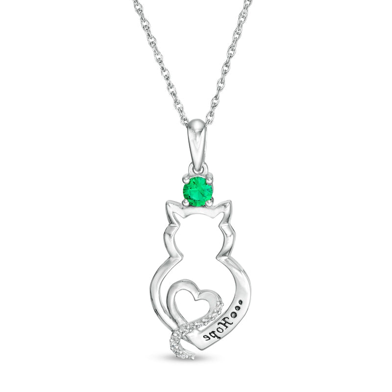 Simulated Birthstone and Natural Diamond Accent Engravable Cat Outline and Heart Pendant in Sterling Silver (1 Stone and Line)