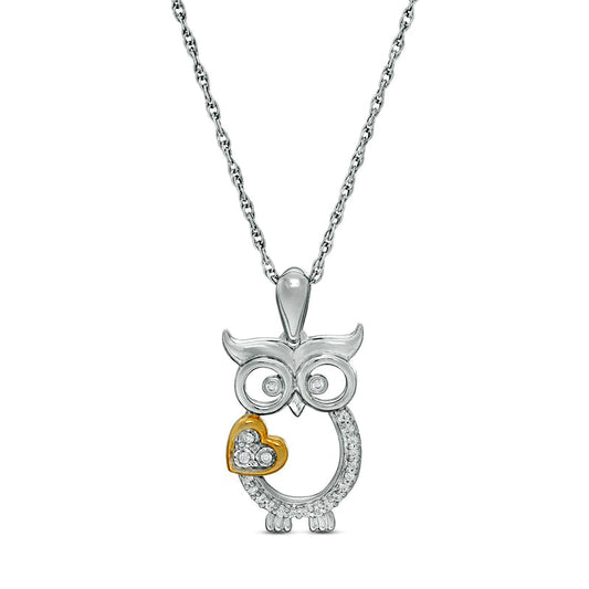 0.07 CT. T.W. Natural Diamond Outline Owl with Heart Pendant in Sterling Silver and 10K Yellow Gold