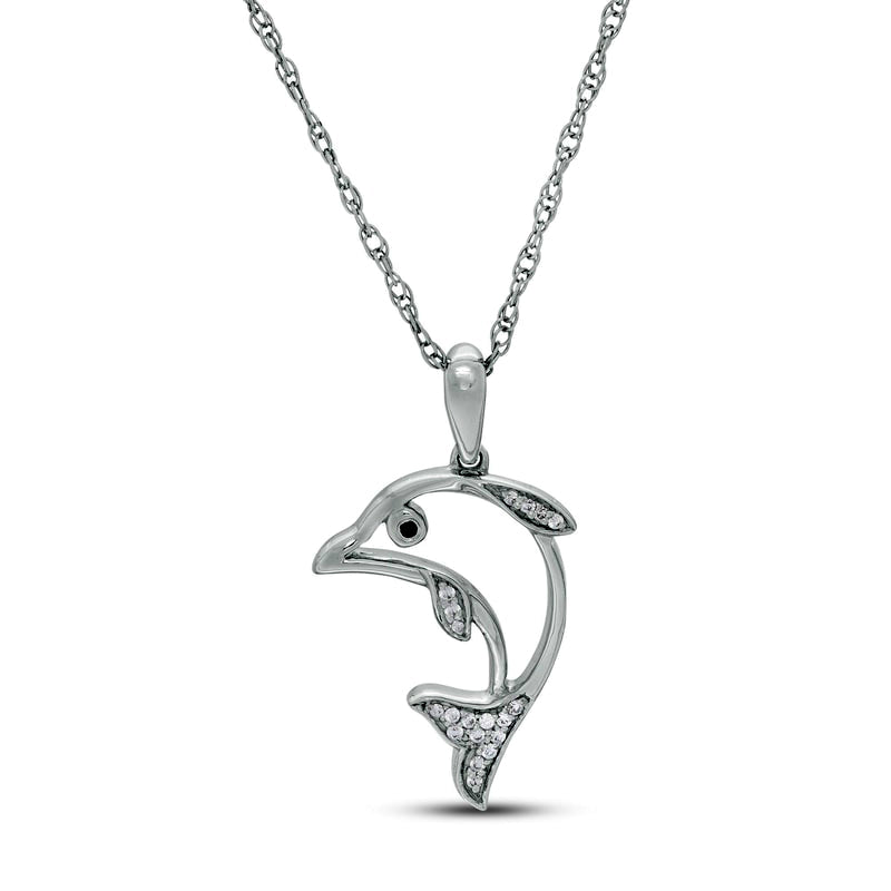 0.05 CT. T.W. Enhanced Black and White Natural Diamond Outline Dolphin Pendant in Sterling Silver