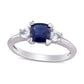 6.0mm Cushion-Cut and Pear-Shaped Blue and White Sapphire Three Stone Ring in Solid 14K White Gold