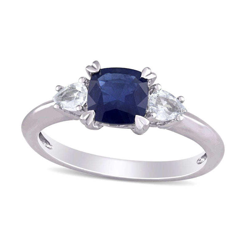 6.0mm Cushion-Cut and Pear-Shaped Blue and White Sapphire Three Stone Ring in Solid 14K White Gold