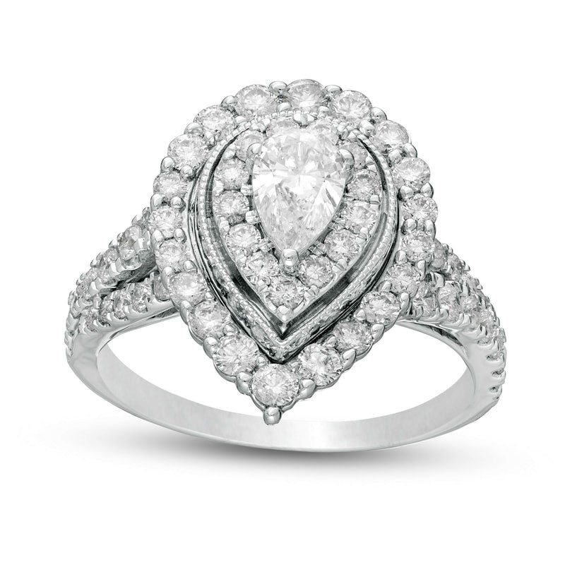 1.5 CT. T.W. Pear-Shaped Natural Diamond Double Frame Antique Vintage-Style Engagement Ring in Solid 14K White Gold