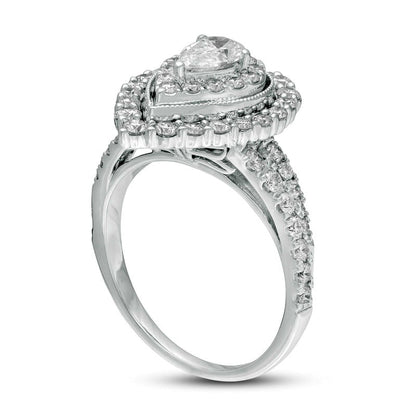 1.5 CT. T.W. Pear-Shaped Natural Diamond Double Frame Antique Vintage-Style Engagement Ring in Solid 14K White Gold