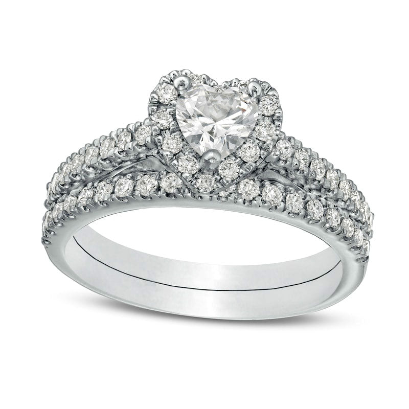 1.0 CT. T.W. Heart-Shaped Natural Diamond Frame Bridal Engagement Ring Set in Solid 14K White Gold