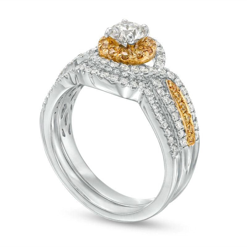 1.13 CT. T.W. Yellow and White Natural Diamond Frame Twist Shank Bridal Engagement Ring Set in Solid 14K Two-Tone Gold