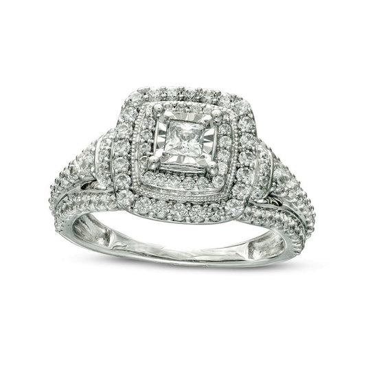 1.0 CT. T.W. Princess-Cut Natural Diamond Double Frame Antique Vintage-Style Engagement Ring in Solid 14K White Gold