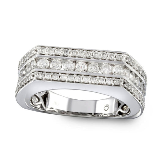 Men's 2.0 CT. T.W. Natural Diamond Three Row Rectangular Ring in Solid 10K White Gold - Size 10