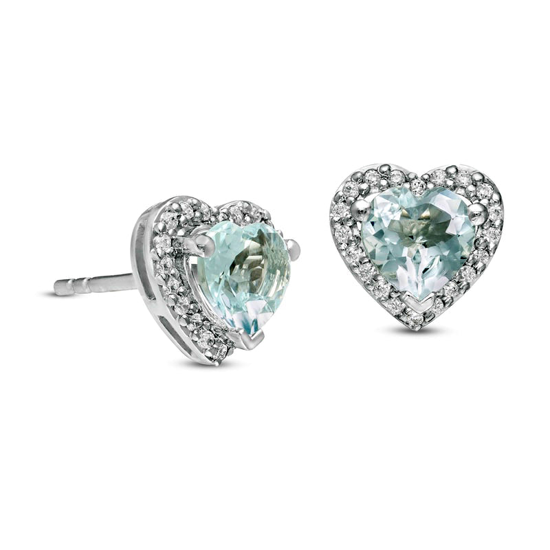 5.0mm Aquamarine and 0.13 CT. T.W. Diamond Frame Heart Stud Earrings in 10K White Gold