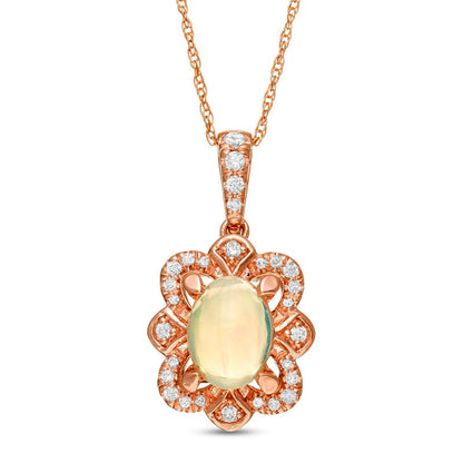 Oval Opal and 0.17 CT. T.W. Natural Diamond Flower Frame Pendant in 10K Rose Gold