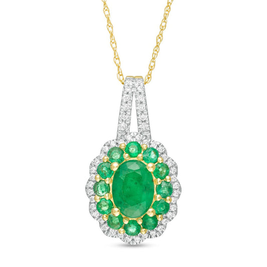 Oval Emerald and 0.17 CT. T.W. Natural Diamond Double Scallop Frame Pendant in 10K Yellow Gold