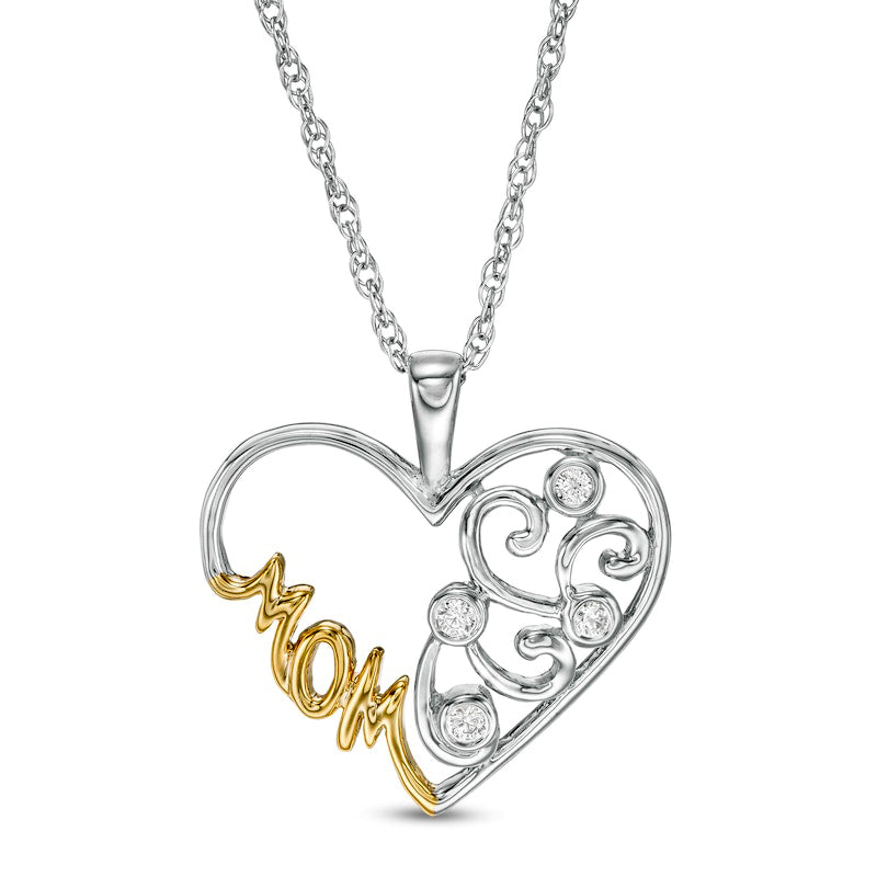 0.05 CT. T.W. Natural Diamond Filigree Heart MOM" Pendant in Sterling Silver and 10K Yellow Gold"