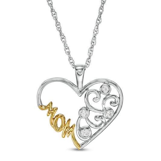 0.05 CT. T.W. Natural Diamond Filigree Heart MOM" Pendant in Sterling Silver and 10K Yellow Gold"