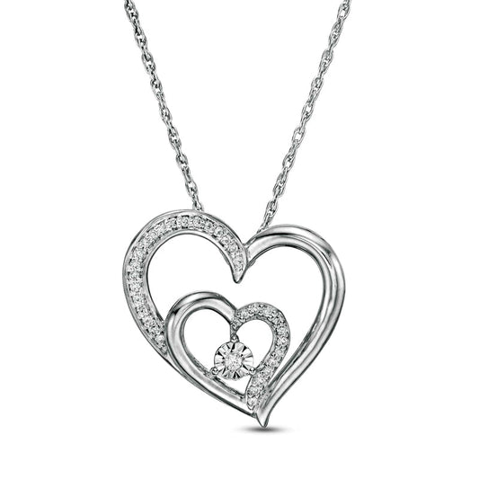 0.07 CT. T.W. Natural Diamond Double Heart Pendant in 10K White Gold