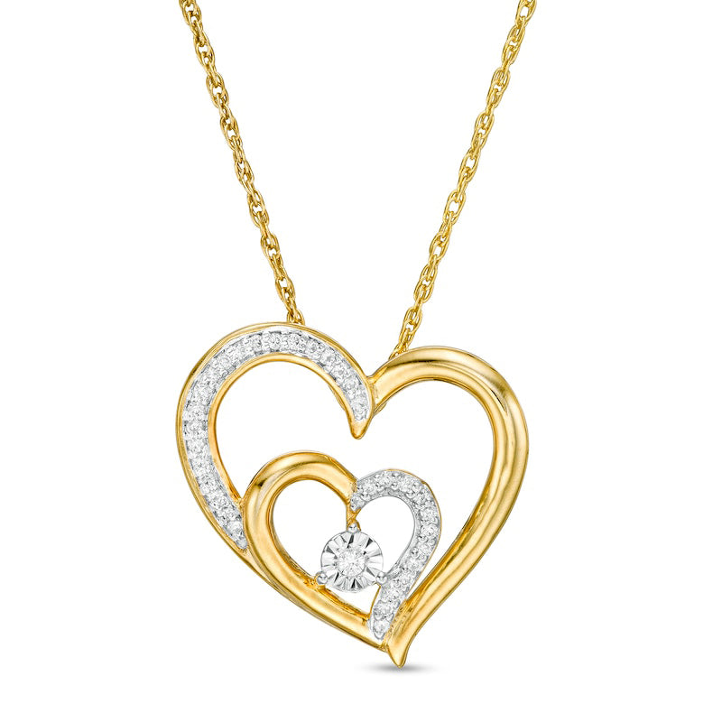 0.07 CT. T.W. Natural Diamond Double Heart Pendant in 10K Yellow Gold