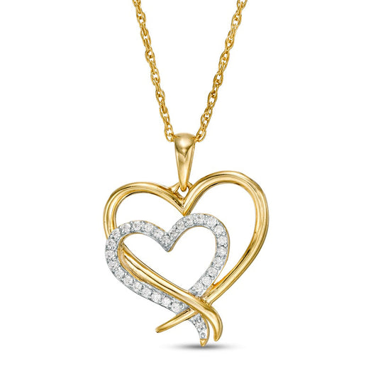 0.1 CT. T.W. Natural Diamond Double Heart Pendant in 10K Yellow Gold