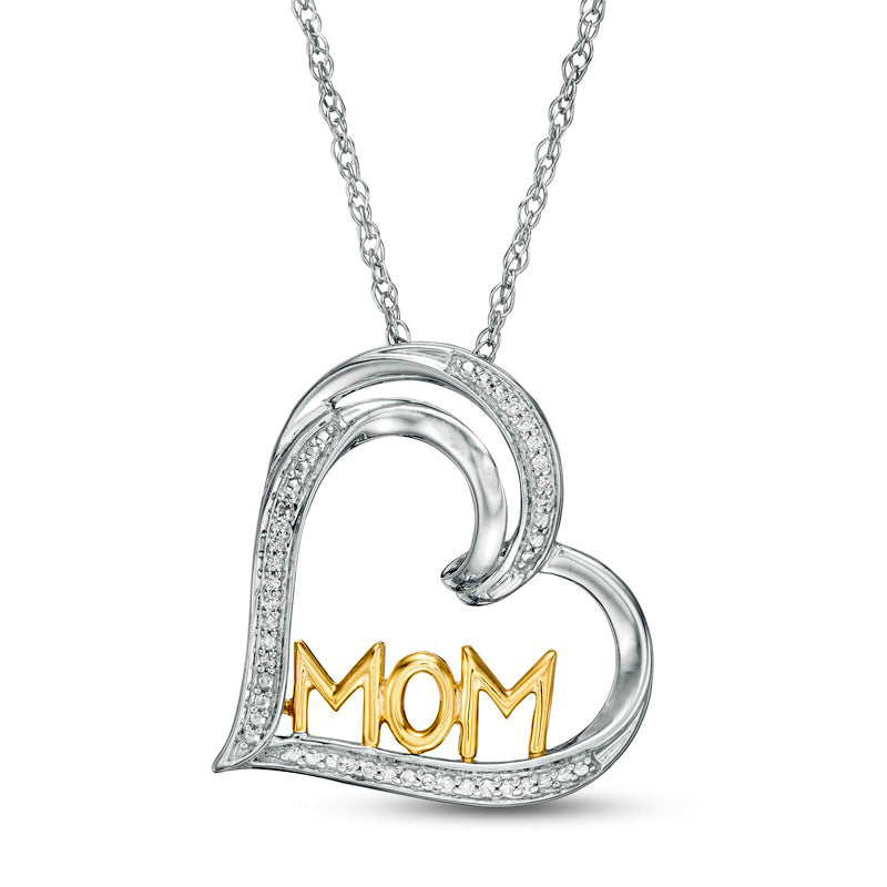 0.05 CT. T.W. Natural Diamond Tilted Heart MOM" Pendant in Sterling Silver and 10K Yellow Gold"