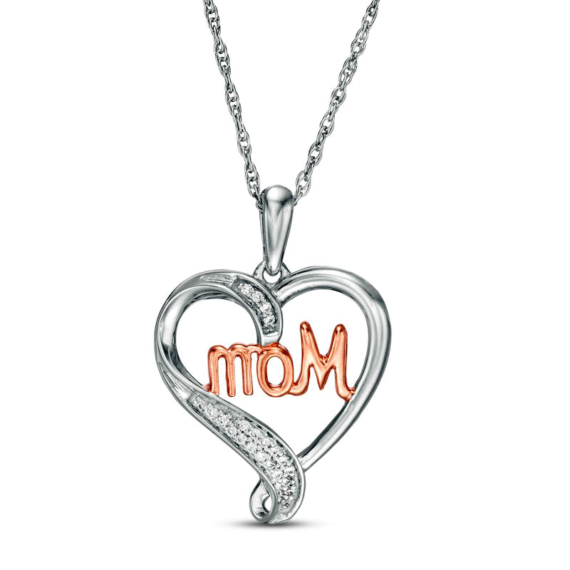 0.05 CT. T.W. Natural Diamond Heart MOM" Pendant in Sterling Silver and 10K Rose Gold"