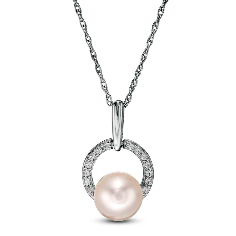 7.0mm Cultured Freshwater Pearl and Lab-Created White Sapphire Doorknocker Circle Pendant in Sterling Silver