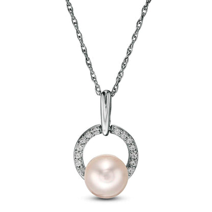 7.0mm Cultured Freshwater Pearl and Lab-Created White Sapphire Doorknocker Circle Pendant in Sterling Silver