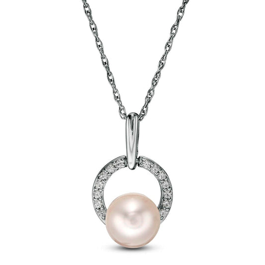 7.0mm Cultured Freshwater Pearl and Lab-Created White Sapphire Doorknocker Circle Pendant in Sterling Silver