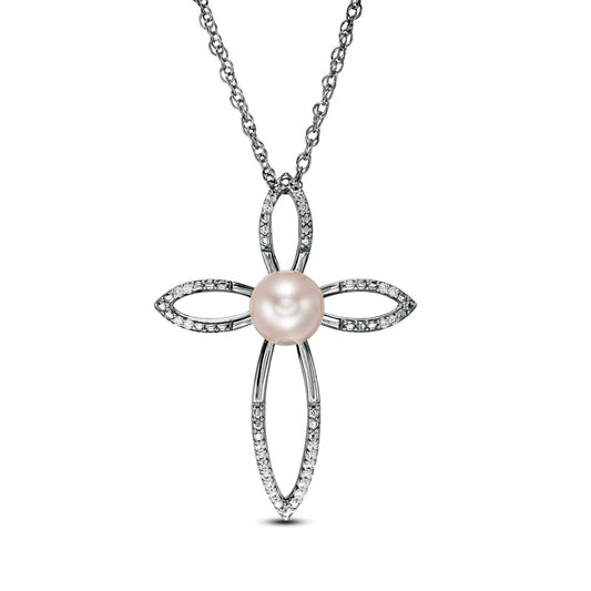 6.0mm Cultured Freshwater Pearl and 0.05 CT. T.W. Natural Diamond Cross Pendant in Sterling Silver