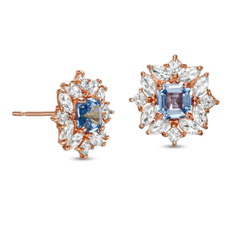 4.0mm Princess-Cut Simulated Aquamarine and Lab-Created White Sapphire Ornate Frame Stud Earrings in 10K Rose Gold