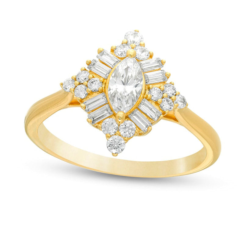 1.0 CT. T.W. Marquise Natural Diamond Starburst Frame Engagement Ring in Solid 14K Gold