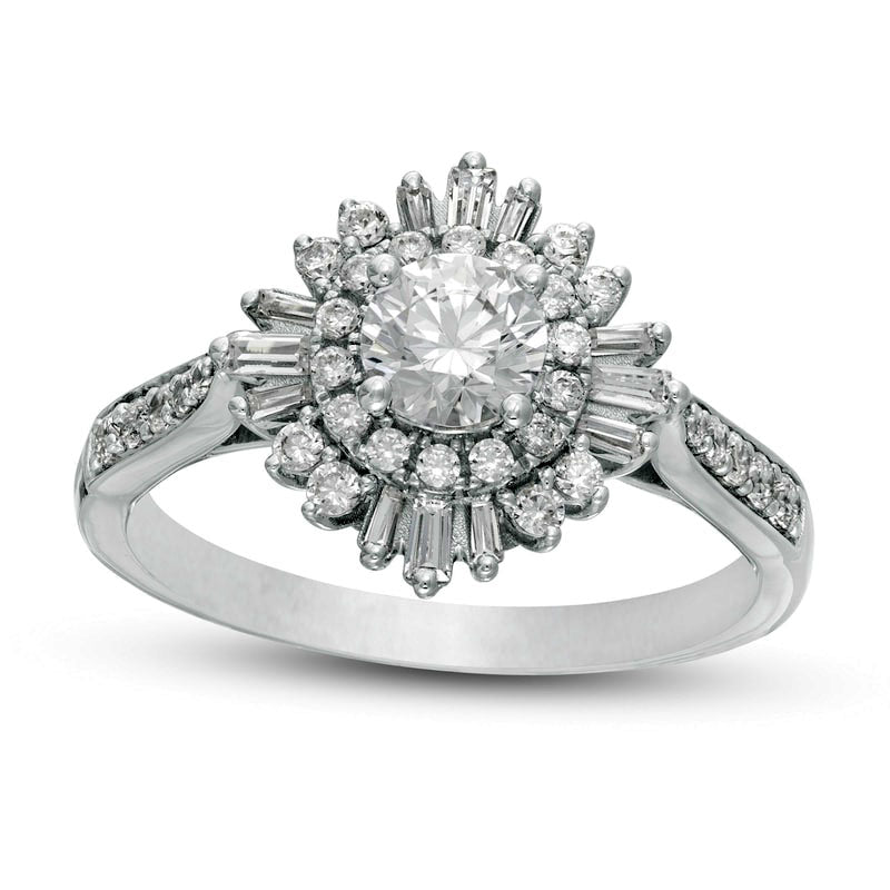 1.0 CT. T.W. Natural Diamond Double Starburst Frame Engagement Ring in Solid 14K White Gold