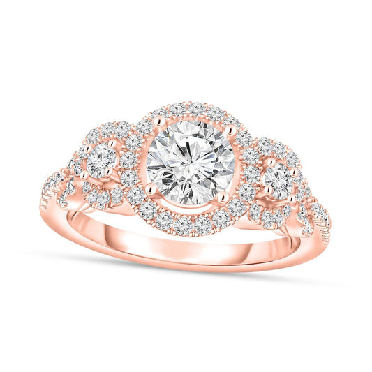 1.38 CT. T.W. Natural Diamond Three Stone Frame Engagement Ring in Solid 14K Rose Gold