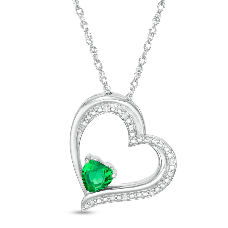5.0mm Heart-Shaped Lab-Created Emerald and Diamond Accent Tilted Heart Pendant in Sterling Silver