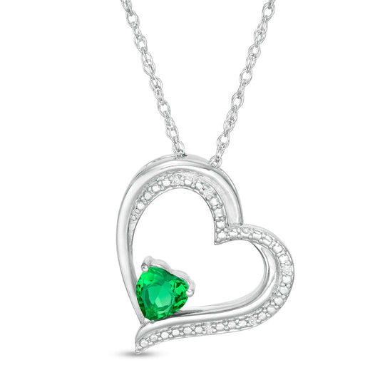 5.0mm Heart-Shaped Lab-Created Emerald and Diamond Accent Tilted Heart Pendant in Sterling Silver