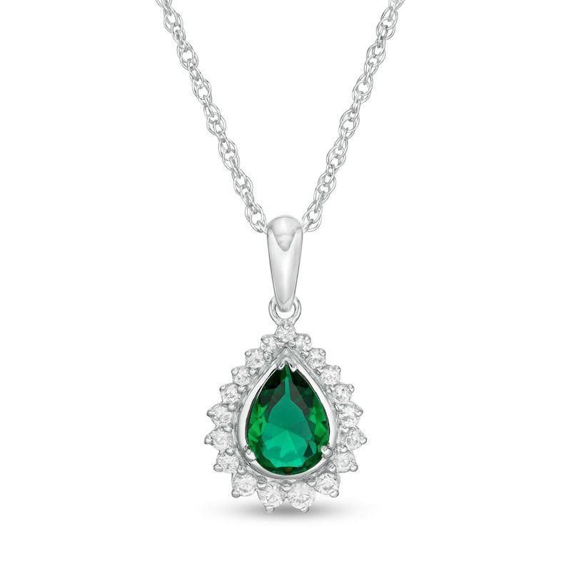 Pear-Shaped Lab-Created Emerald and White Sapphire Shadow Frame Pendant in Sterling Silver