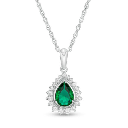 Pear-Shaped Lab-Created Emerald and White Sapphire Shadow Frame Pendant in Sterling Silver
