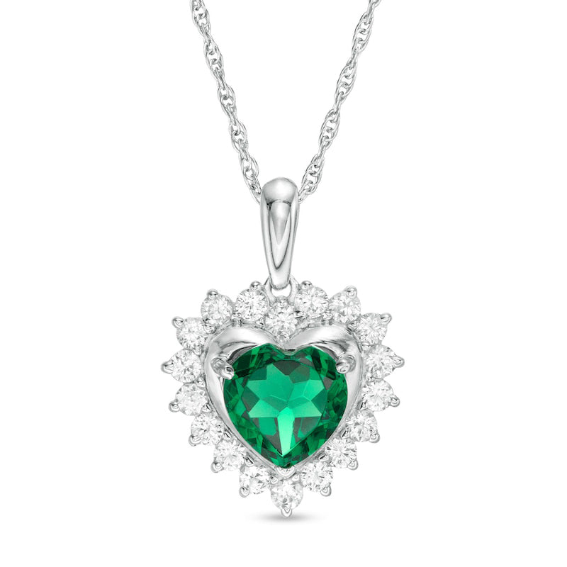 7.0mm Heart-Shaped Lab-Created Emerald and White Sapphire Shadow Frame Pendant in Sterling Silver