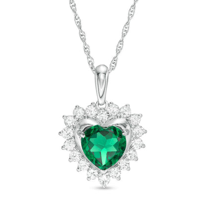 7.0mm Heart-Shaped Lab-Created Emerald and White Sapphire Shadow Frame Pendant in Sterling Silver