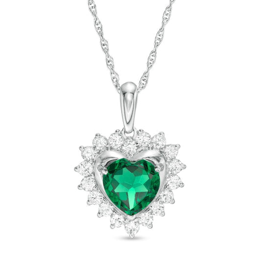 7.0mm Heart-Shaped Lab-Created Emerald and White Sapphire Shadow Frame Pendant in Sterling Silver